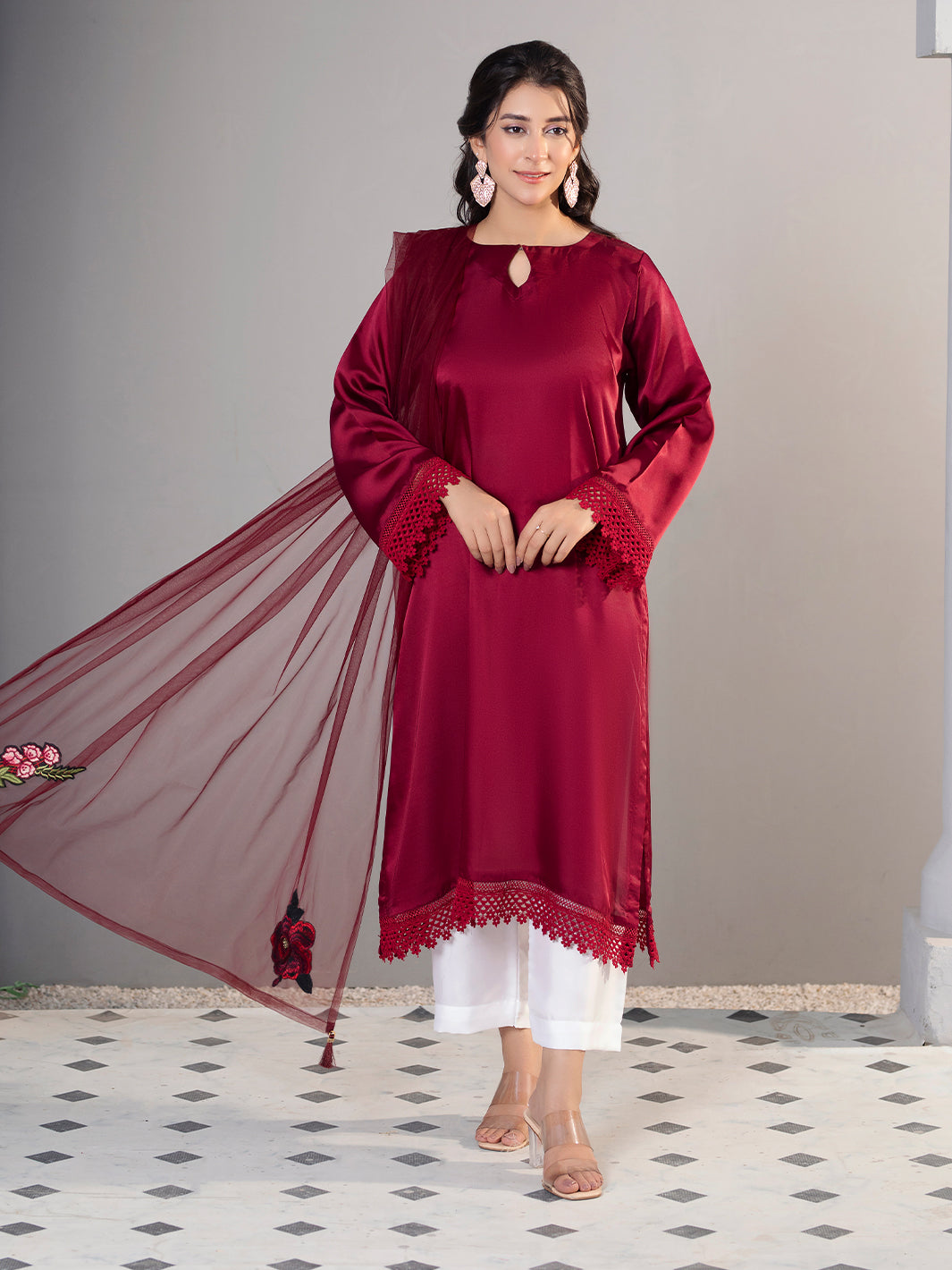 3PC Maroon Shamooz Silk Suit