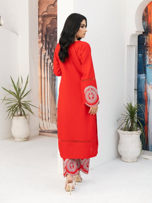Red Khaddar Embroidered Suit