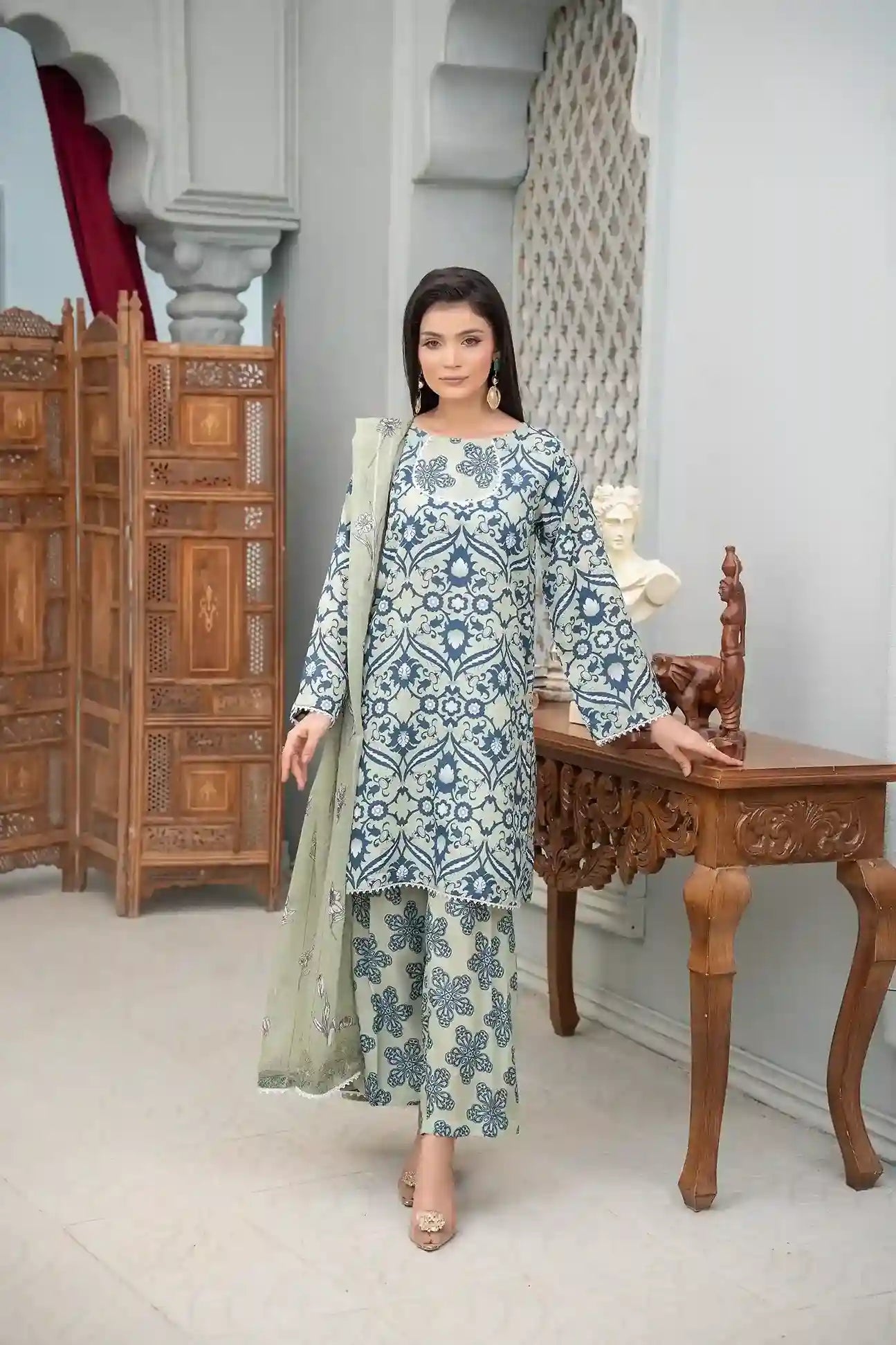 Safa - 3PC Printed Polysilk Co Ord (Unstitched)