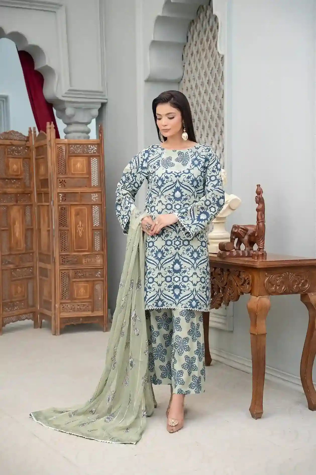 Safa - 3PC Printed Polysilk Co Ord (Unstitched)