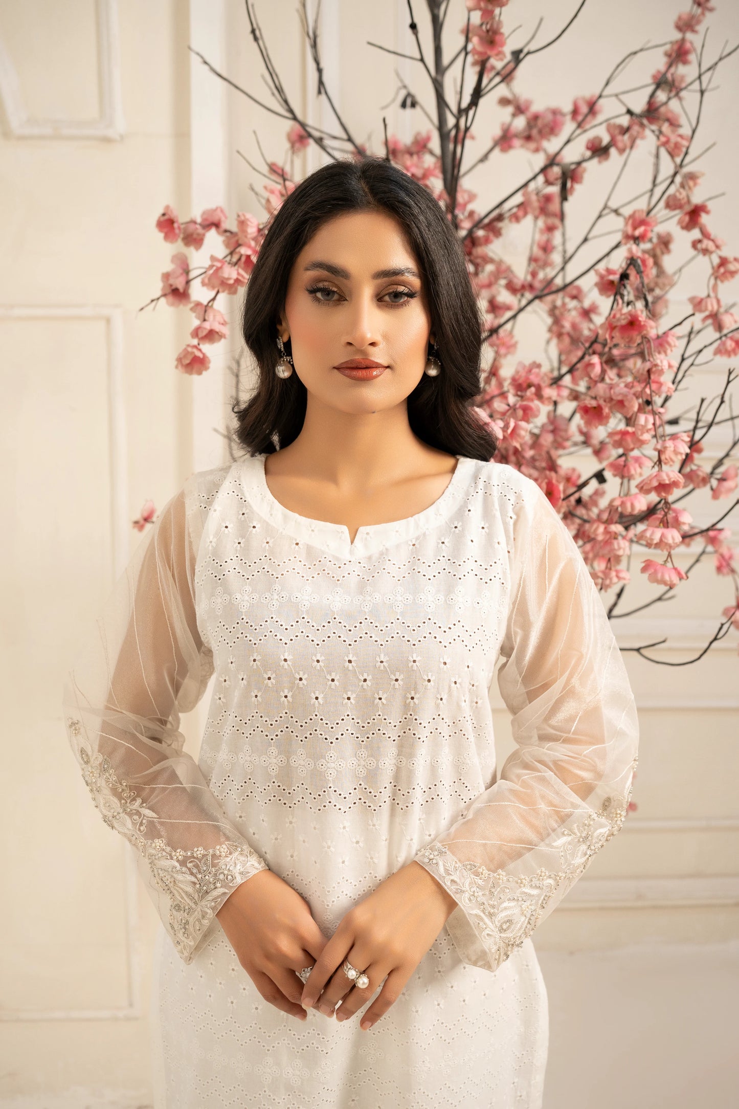 Abeer 2PC ChikanKari Suit | Net Embroidered Sleeves