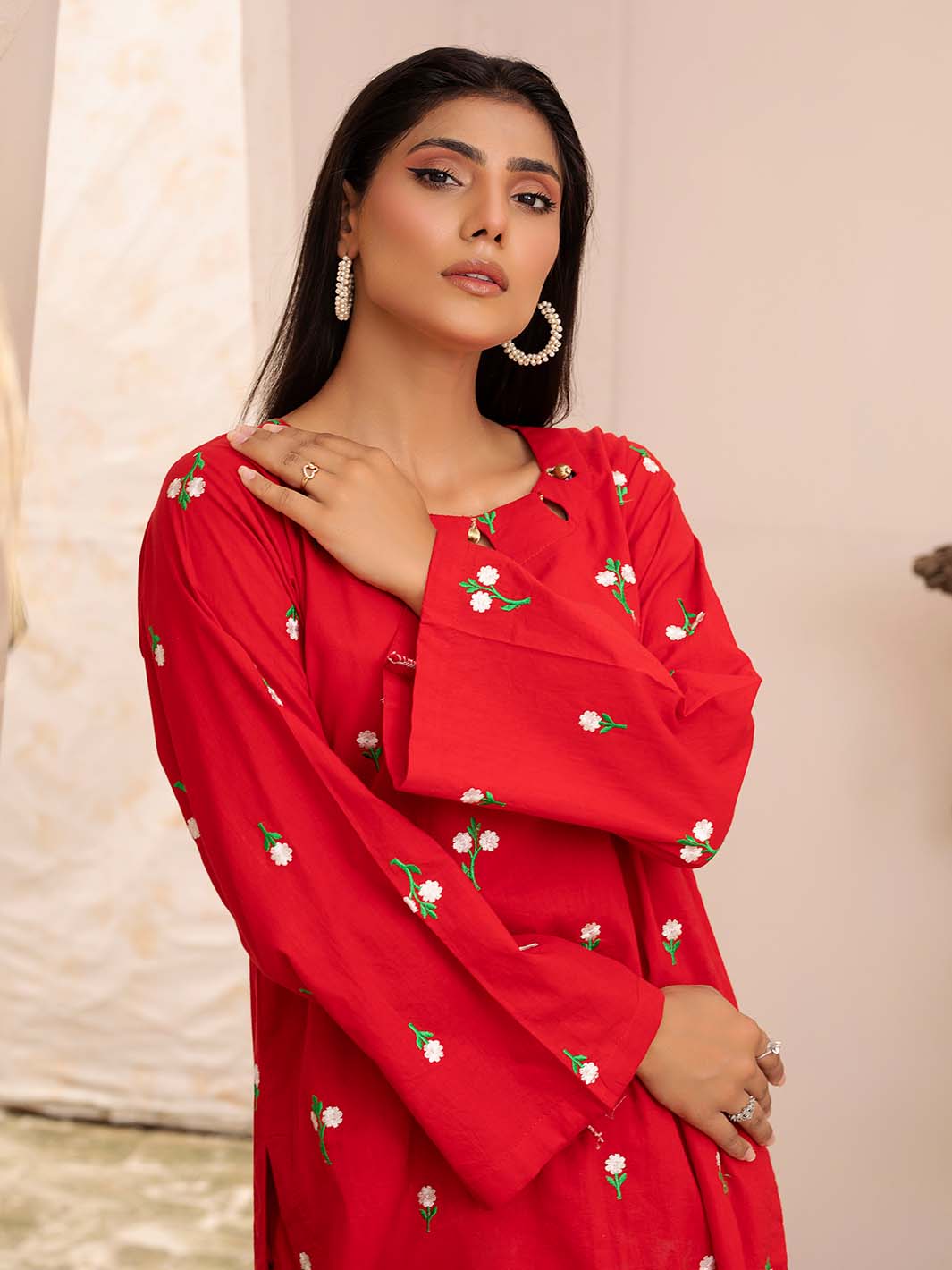 Red Embroidered Lawn Co-Ord
