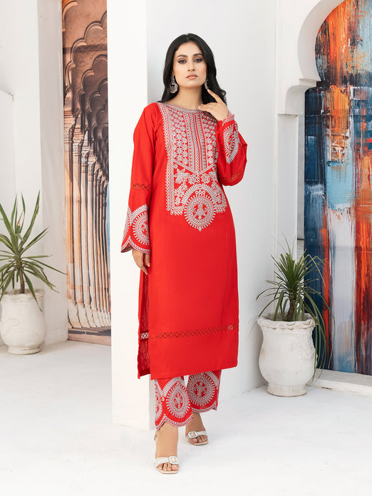 Red Khaddar Embroidered Suit