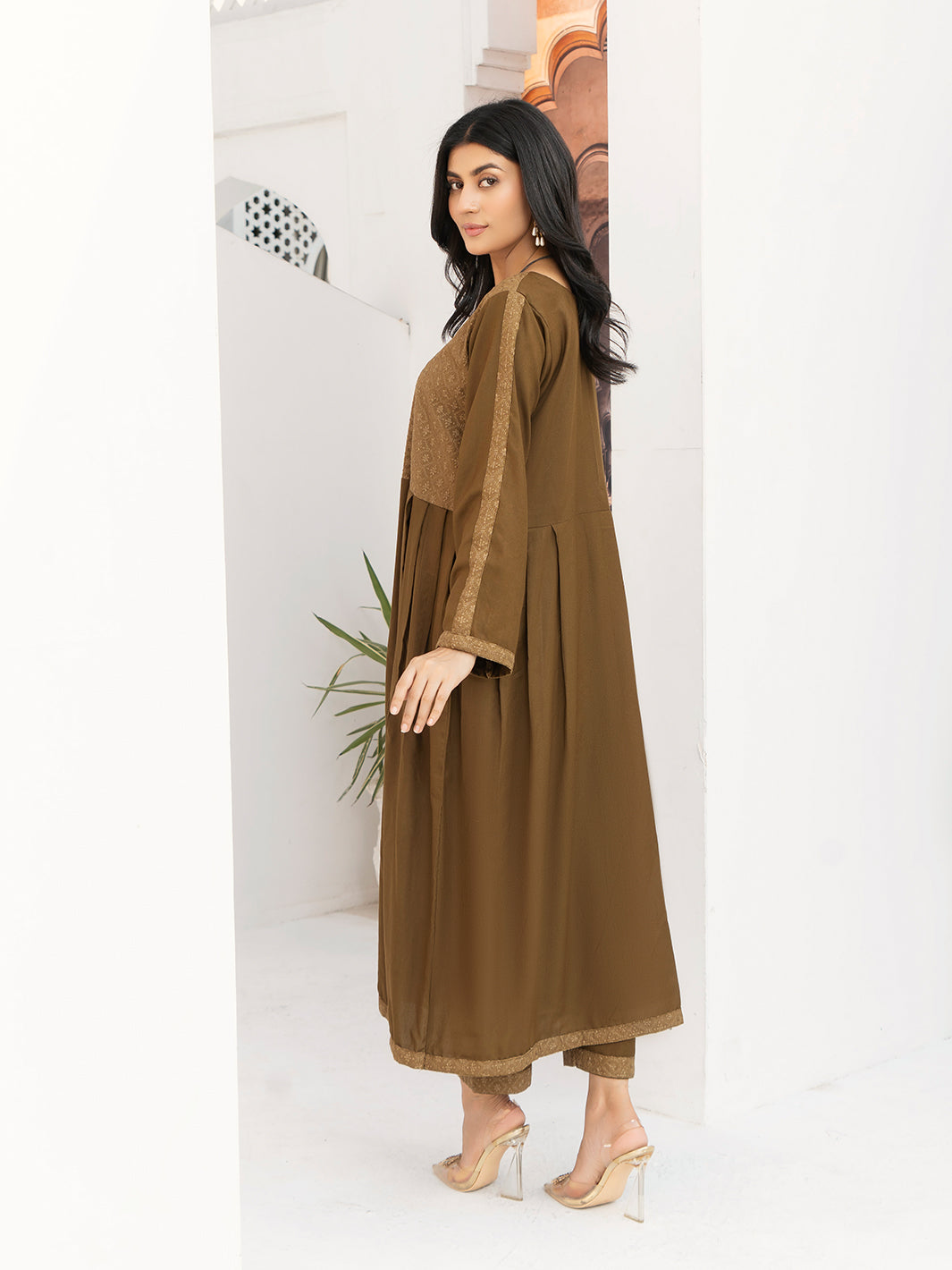 Brown Dhanak Embroidered Suit