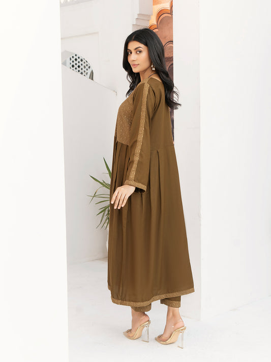 Brown Dhanak Embroidered Suit