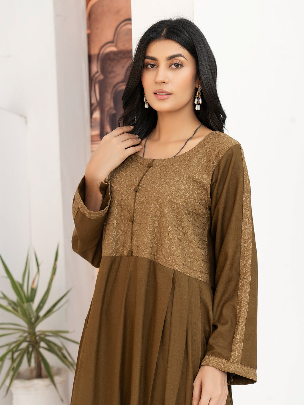 Brown Dhanak Embroidered Suit
