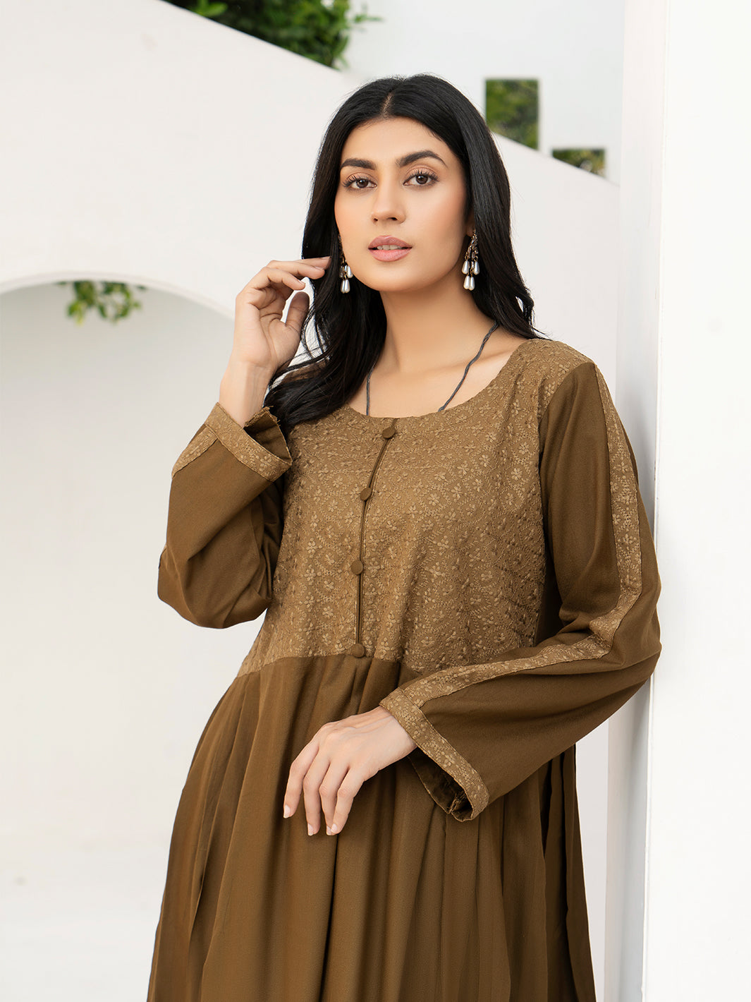 Brown Dhanak Embroidered Suit