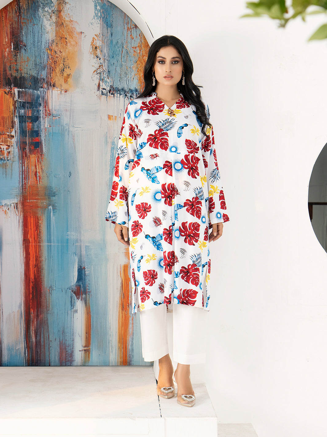 White Florel Printed Boski Linen Suit