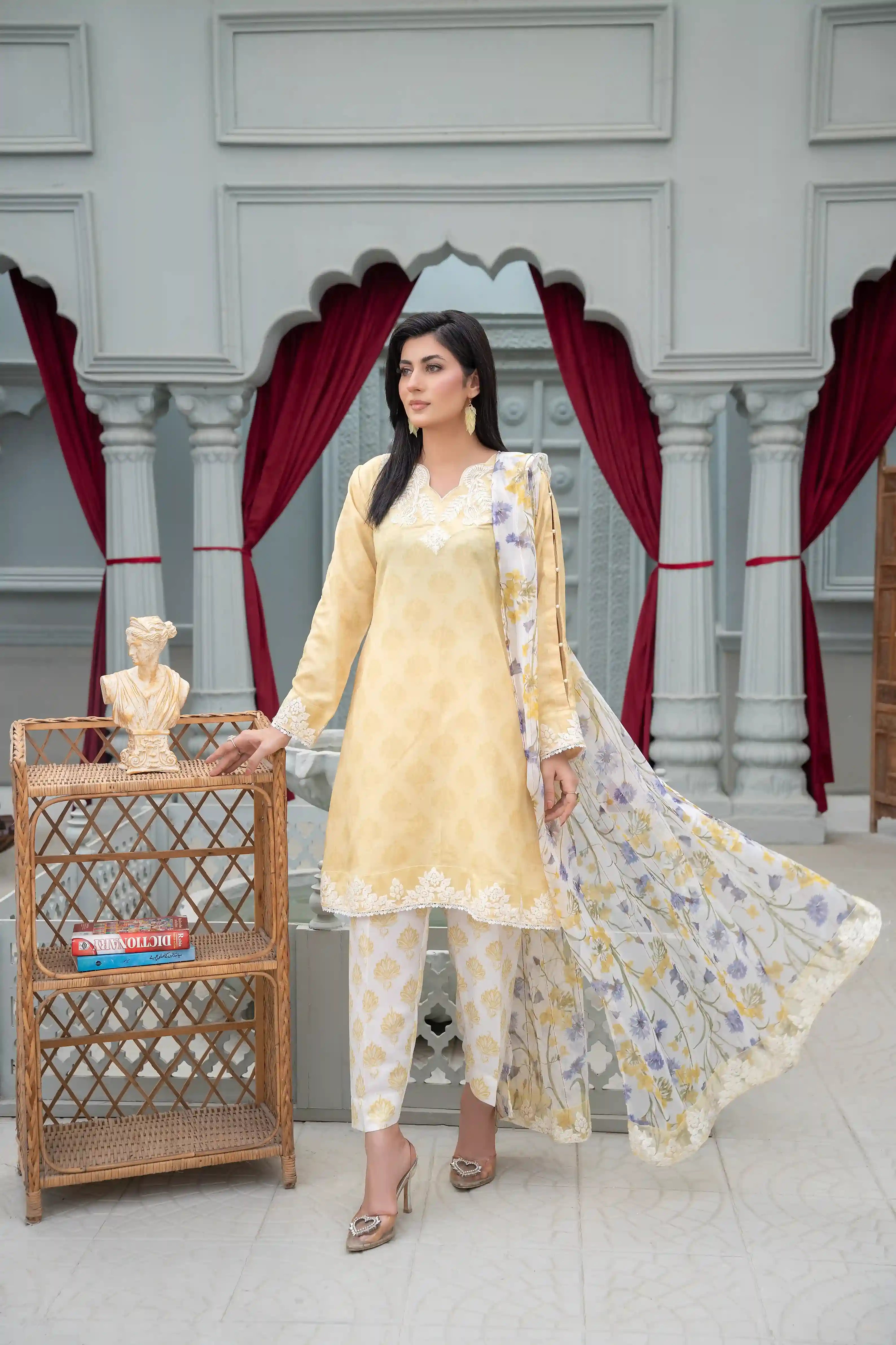 Husna - 3PC Embroidered  Polysilk Lawn Co Ord (Unstitched)