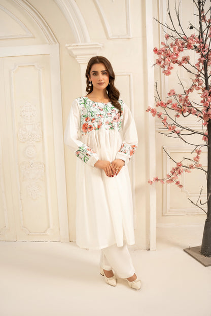 Abeer 2PC White Embroidered Lawn Frock