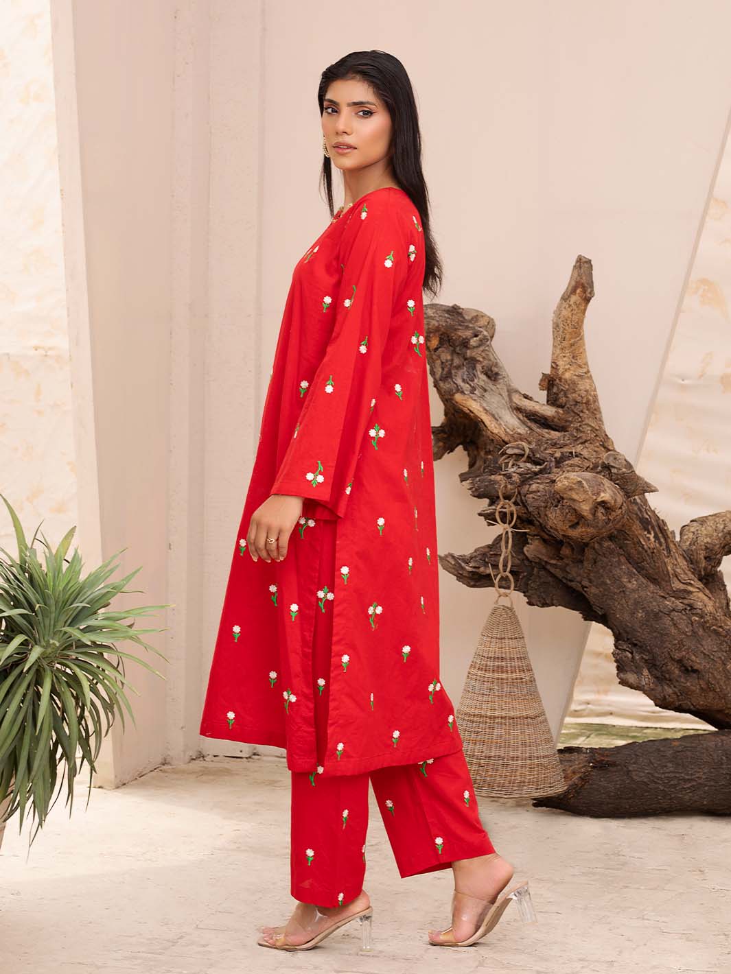 Red Embroidered Lawn Co-Ord
